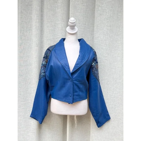 1990 bright blue with sequins and beads leather jacket - Picture 2 of 9